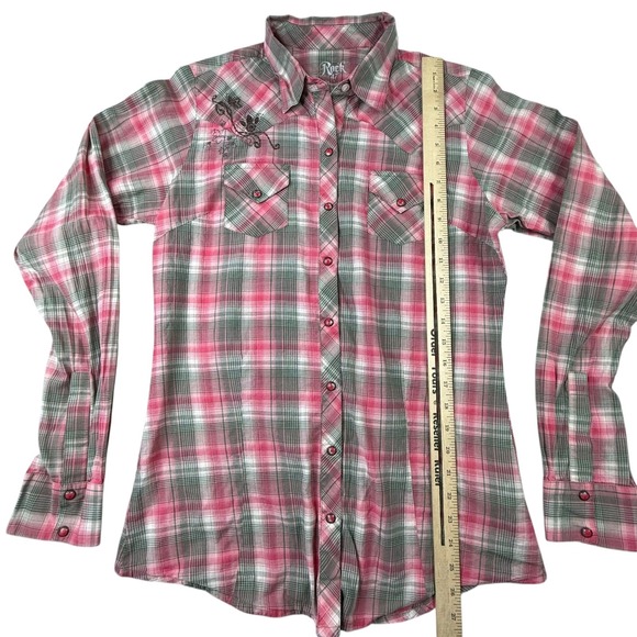 Rock 47 By Wrangler Womens Shirt Size Medium Pink Plaid Pearl Snap Western - Picture 8 of 11
